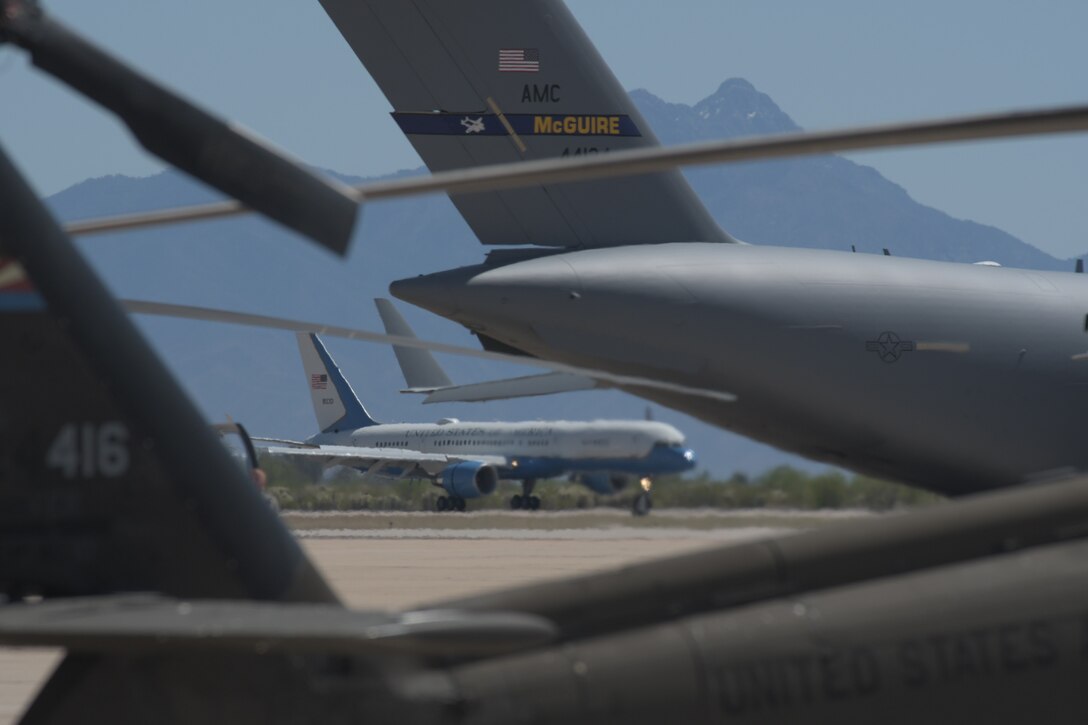 U.S. Vice President Mike Pence greets the Desert Lightning Team during a quick visit with the DLT prior to his immersion with Customs and Border Protection at Davis-Monthan Air Force Base, Ariz., April 11, 2019.