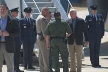 U.S. Vice President Mike Pence greets the Desert Lightning Team during a quick visit with the DLT prior to his immersion with Customs and Border Protection at Davis-Monthan Air Force Base, Ariz., April 11, 2019.
