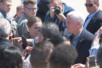 U.S. Vice President Mike Pence greets the Desert Lightning Team during a quick visit with the DLT prior to his immersion with Customs and Border Protection at Davis-Monthan Air Force Base, Ariz., April 11, 2019.