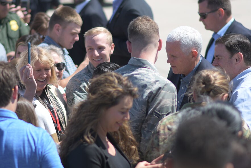U.S. Vice President Mike Pence greets the Desert Lightning Team during a quick visit with the DLT prior to his immersion with Customs and Border Protection at Davis-Monthan Air Force Base, Ariz., April 11, 2019.