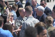 U.S. Vice President Mike Pence greets the Desert Lightning Team during a quick visit with the DLT prior to his immersion with Customs and Border Protection at Davis-Monthan Air Force Base, Ariz., April 11, 2019.