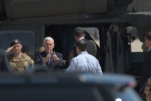 U.S. Vice President Mike Pence greets the Desert Lightning Team during a quick visit with the DLT prior to his immersion with Customs and Border Protection at Davis-Monthan Air Force Base, Ariz., April 11, 2019.