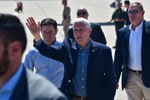 U.S. Vice President Mike Pence greets the Desert Lightning Team during a quick visit with the DLT prior to his immersion with Customs and Border Protection at Davis-Monthan Air Force Base, Ariz., April 11, 2019.