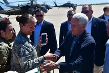 U.S. Vice President Mike Pence greets the Desert Lightning Team during a quick visit with the DLT prior to his immersion with Customs and Border Protection at Davis-Monthan Air Force Base, Ariz., April 11, 2019.