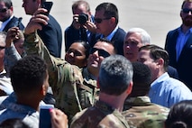 U.S. Vice President Mike Pence greets the Desert Lightning Team during a quick visit with the DLT prior to his immersion with Customs and Border Protection at Davis-Monthan Air Force Base, Ariz., April 11, 2019.