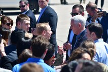 U.S. Vice President Mike Pence greets the Desert Lightning Team during a quick visit with the DLT prior to his immersion with Customs and Border Protection at Davis-Monthan Air Force Base, Ariz., April 11, 2019.