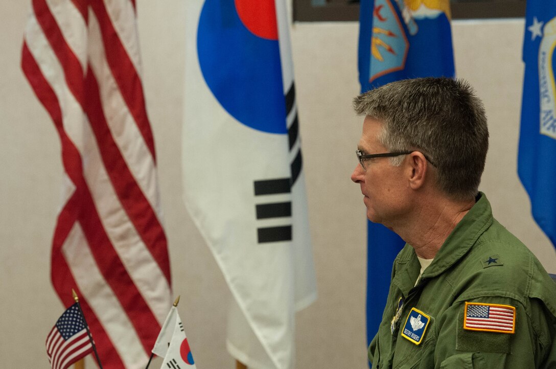 United States Air Force Brig. Gen. Harold E. Rogers, Mobilization Assistant to the Director, Air and Cyberspace Operations, Headquarters Pacific Air Forces, talks with Republic of Korea Brig. Gen. Dae Joon Park, ROKAF Academy commandant, during the ROKAFA’s visit to Joint Base Pearl Harbor-Hickam, Hawaii, Apr. 2, 2019.