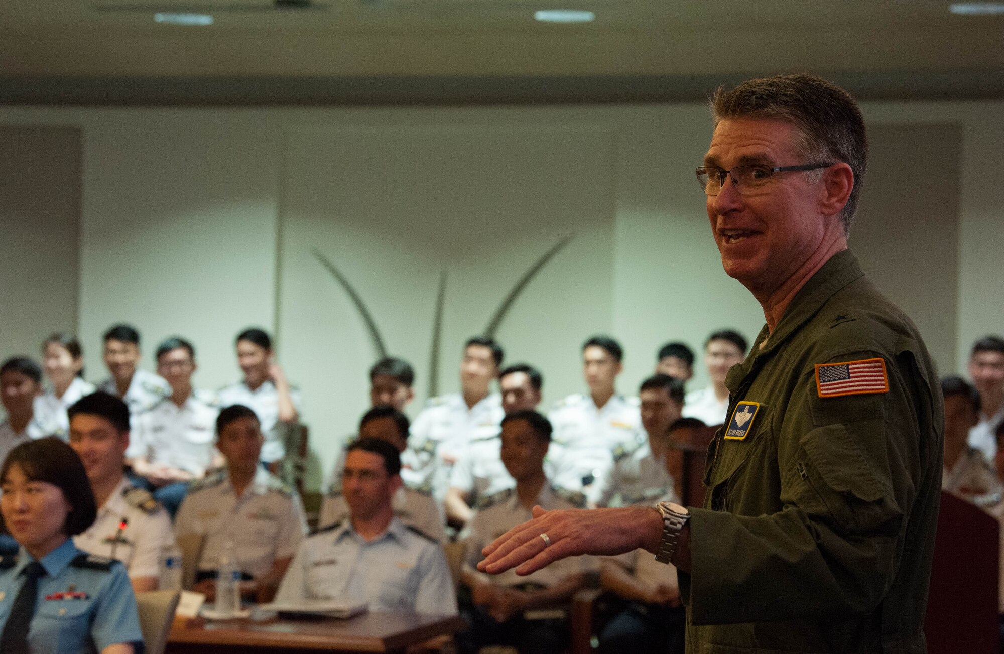 United States Air Force Brig. Gen. Harold E. Rogers, Mobilization Assistant to the Director, Air and Cyberspace Operations, Headquarters Pacific Air Forces, addresses Republic of Korea Air Force academy cadets during their visit to Headquarters PACAF, Joint Base Pearl Harbor-Hickam, Hawaii, Apr. 2, 2019.