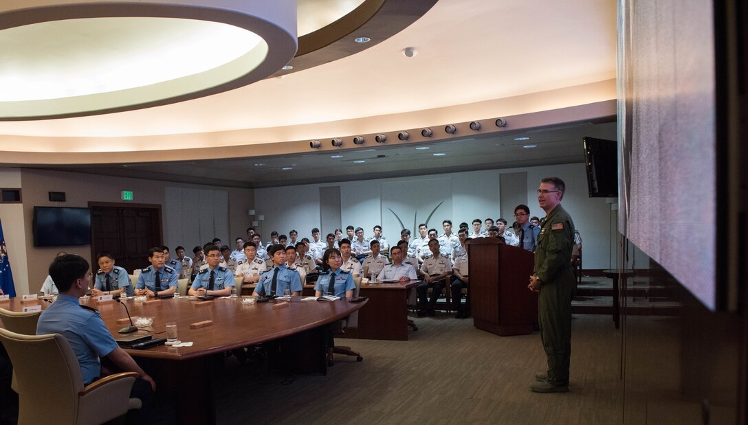 United States Air Force Brig. Gen. Harold E. Rogers, Mobilization Assistant to the Director, Air and Cyberspace Operations, Headquarters Pacific Air Forces, addresses Republic of Korea Air Force academy cadets during their visit to Headquarters PACAF, Joint Base Pearl Harbor-Hickam, Hawaii, Apr. 2, 2019.