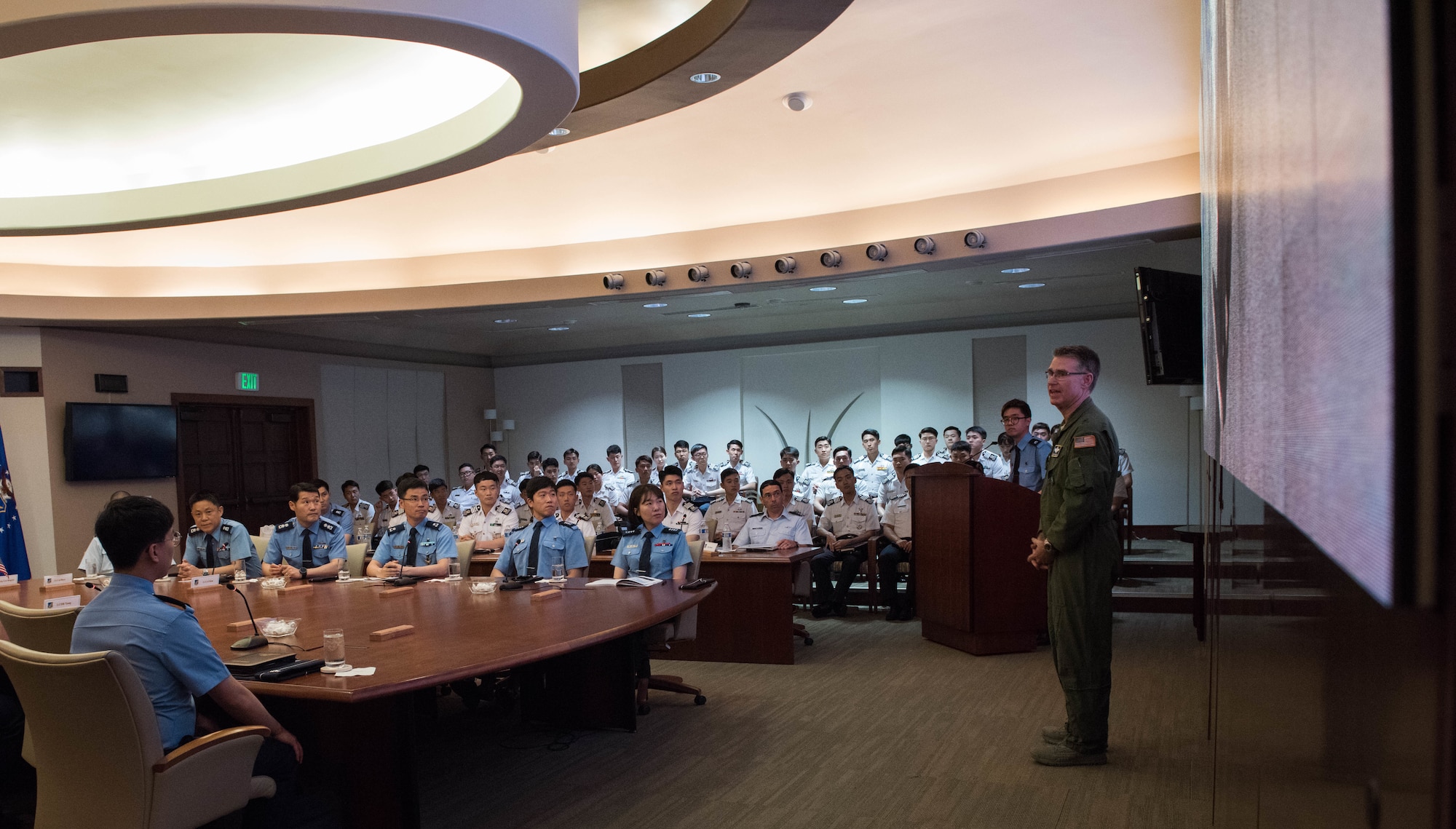 United States Air Force Brig. Gen. Harold E. Rogers, Mobilization Assistant to the Director, Air and Cyberspace Operations, Headquarters Pacific Air Forces, addresses Republic of Korea Air Force academy cadets during their visit to Headquarters PACAF, Joint Base Pearl Harbor-Hickam, Hawaii, Apr. 2, 2019.