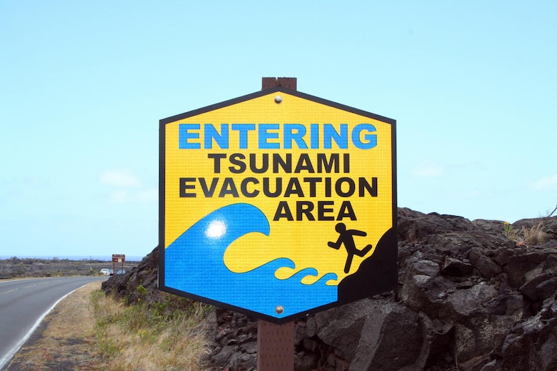 FORT SHAFTER, Hawaii (April 10, 2019) -- A Tsunami Evacuation area sign on the island of Hawaii shows the route needed to be taken during the onslaught of a tsunami.  The U.S. Army Corps of Engineers also recommends residents review the FEMA-produced evacuation maps that are available on the City & County of Honolulu’s Department of Emergency Management (DEM) website at http://www.honolulu.gov/dem. The evacuation area maps are evaluated and compiled by USACE civil works personnel for FEMA and updated regularly. These maps are also available on the state of Hawaii's ReadyHawaii smartphone app.