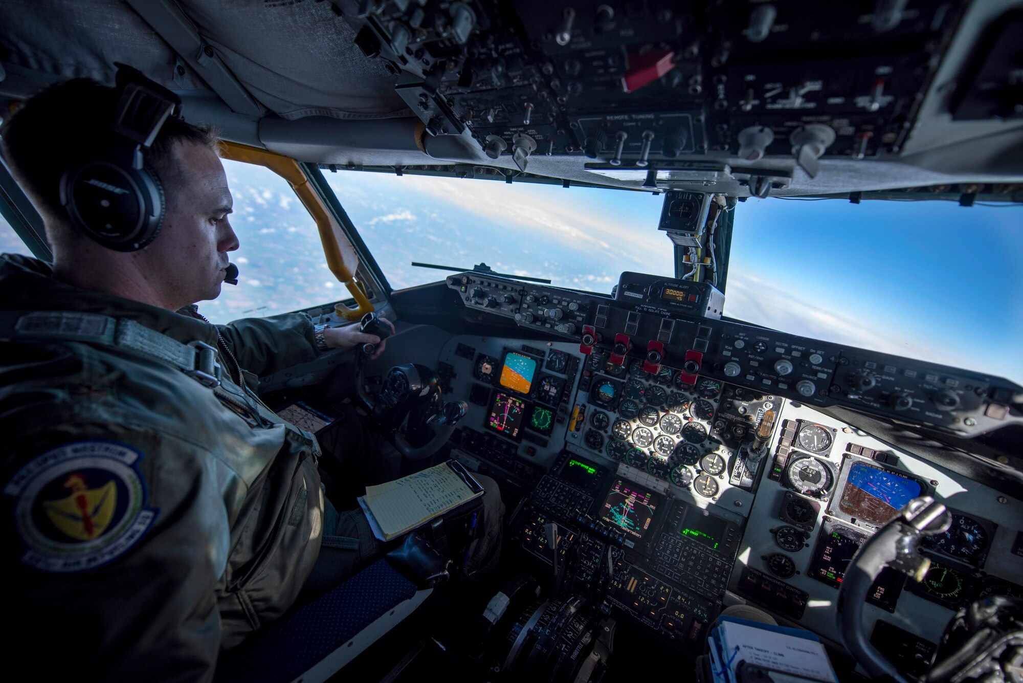 Maj. Michael Harrison, 100th Air Refueling Wing Inspector General director of inspections, flies a KC-135 Stratotanker