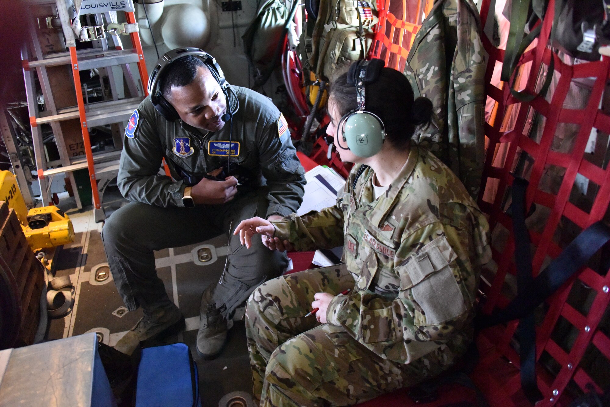 The 142nd Aeromedical Evacuation Squadron train in flight for a number of different scenarios. They prepared and loaded a C-130 Hercules for multiple teams and patients, then conducted operations once under way. The training focused on pediatric and obstetrics, but included multiple scenarios with other team members serving as patients. (U.S. Air Force photo by Staff Sgt. Shawn Lowe)