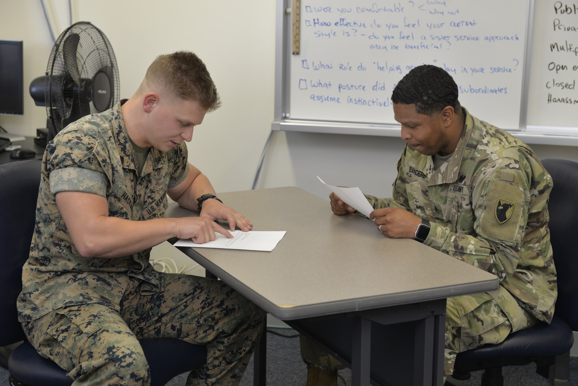 Two service members discuss best counseling procedures during the Okinawa Joint PME Experience April 1, 2019, at Kadena Air Base, Japan. With the military becoming more and more integrated in order to ensure mission success, leaders at every level must know and be comfortable operating in a joint environment. (U.S. Air Force photo by Staff Sgt. Benjamin Sutton)