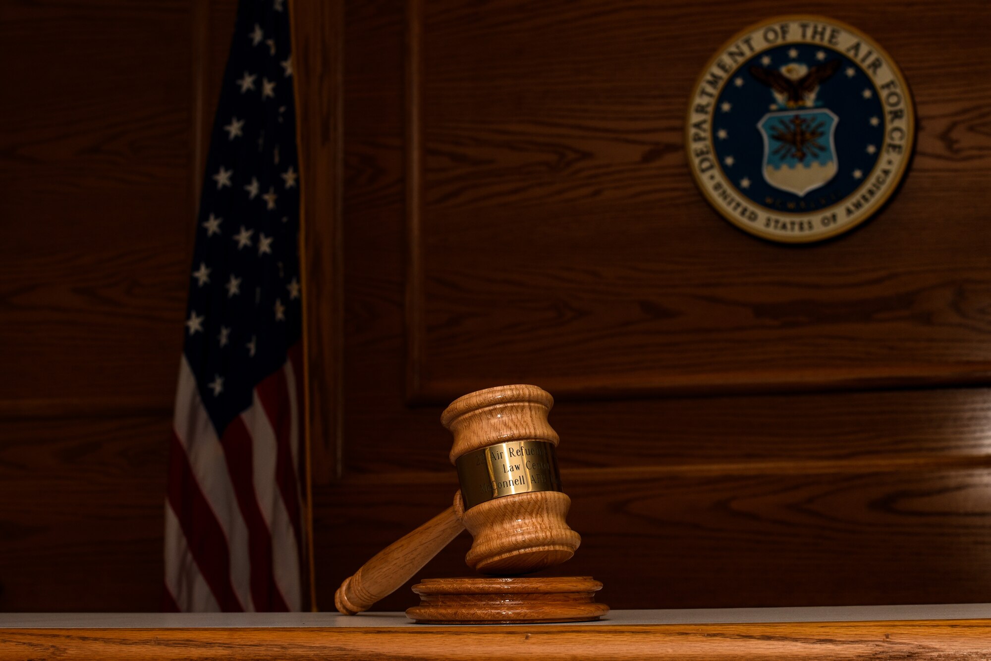 A gavel sits on a table April 11, 2019, at McConnell Air Force Base, Kan. Members of the Judge Advocate team at McConnell Air Force Base visited the University of Kansas Law School on April 10, 2019, to attend the hearing of a case by the Court of Appeals for the Armed Forces. (U.S. Air Force photo by Airman 1st Class Alexi Myrick)