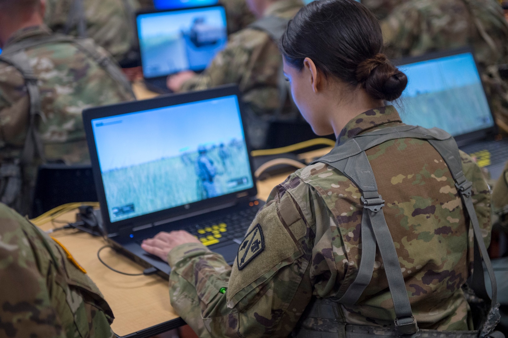 Oklahoma Army National Guards members with Headquarters Company, 271st Brigade Support Battalion, 45th Field Artillery Brigade, use a virtual system, known as the Virtual Battle Space III (VBS3), April 6, 2019, in order to train as a team in virtual scenarios in preparation for an upcoming Exportable Combat Training Capability (XCTC), Operation Western Strike.