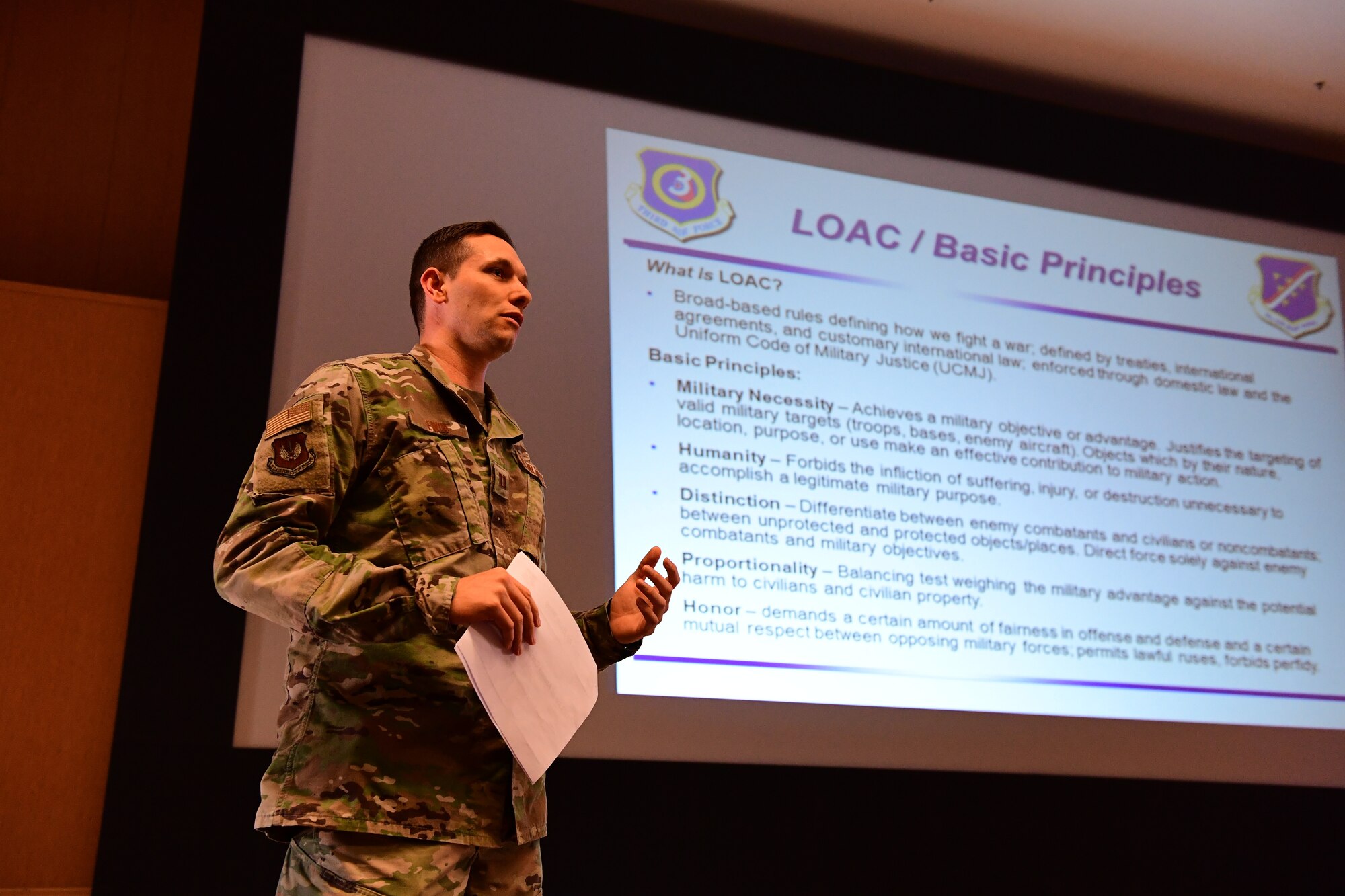 Capt. Ryan Ewin, 39th Air Base Wing deputy staff judge advocate, gives a brief on the Laws of Armed Conflict during ancillary training Feb. 13, 2019, at Incirlik Air Base, Turkey. The ancillary training consolidated six computer based trainings into one briefing, which met an Air Force initiative to ensure Airmen’s time is used in the most effective manner. (U.S. Air Force photo by Senior Airman Trevor Gordnier)