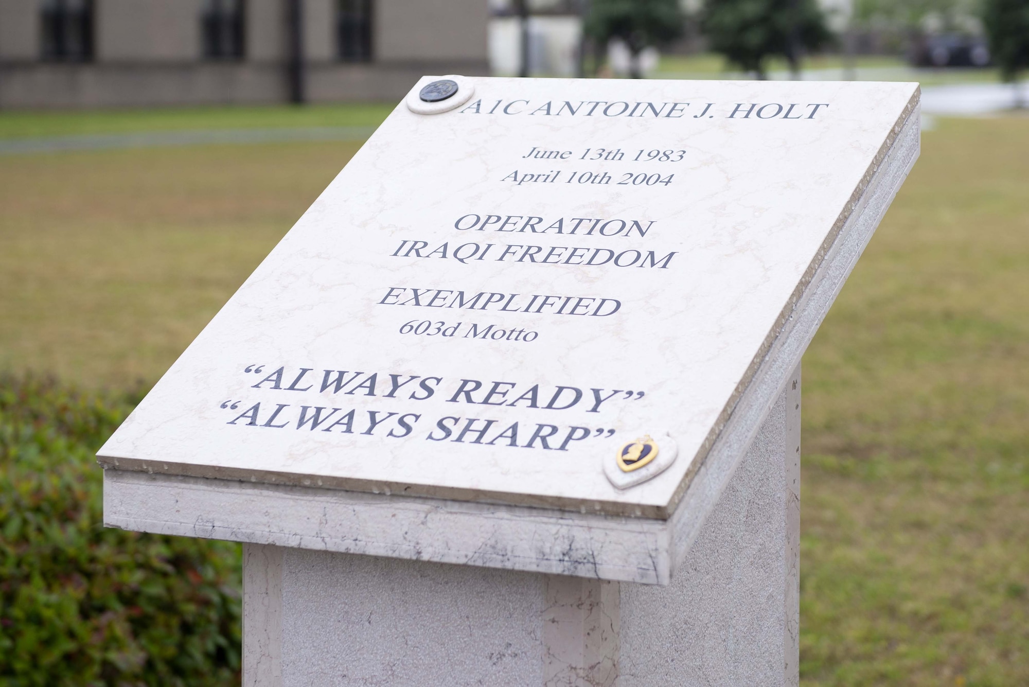 The Holt Memorial is displayed at Avery Manor on Keesler Air Force Base, Mississippi, April 5, 2019. The memorial was made to honor U.S. Air Force Airman 1st Class Antoine Holt at Aviano Air Base, Italy, and was then moved to Avery Manor after the 603rd Air Control Squadron was decommissioned. Holt received a Purple Heart after being killed in action while serving in Iraq. (U.S. Air Force photo by Airman 1st Class Kimberly Mueller)