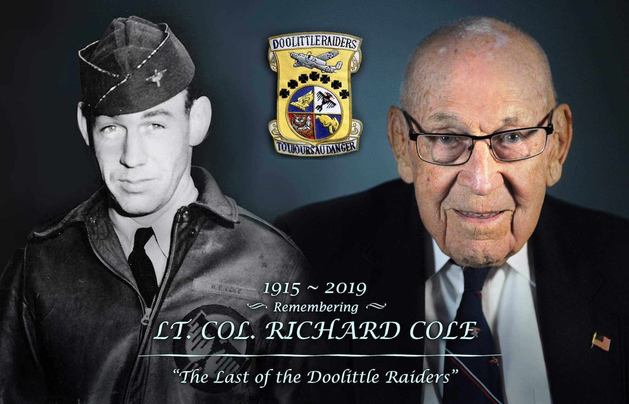 Retired Lt. Col. Robert "Dick" E. Cole was a B-25 Mitchell bomber co-pilot and survivor of the Doolittle Raid on Tokyo during World War II. Cole, who was the final surviving Doolittle Raider, passed away April 9, 2019 in San Antonio. (U.S. Air Force graphic by 2nd Lt. Robert Guest/Released)