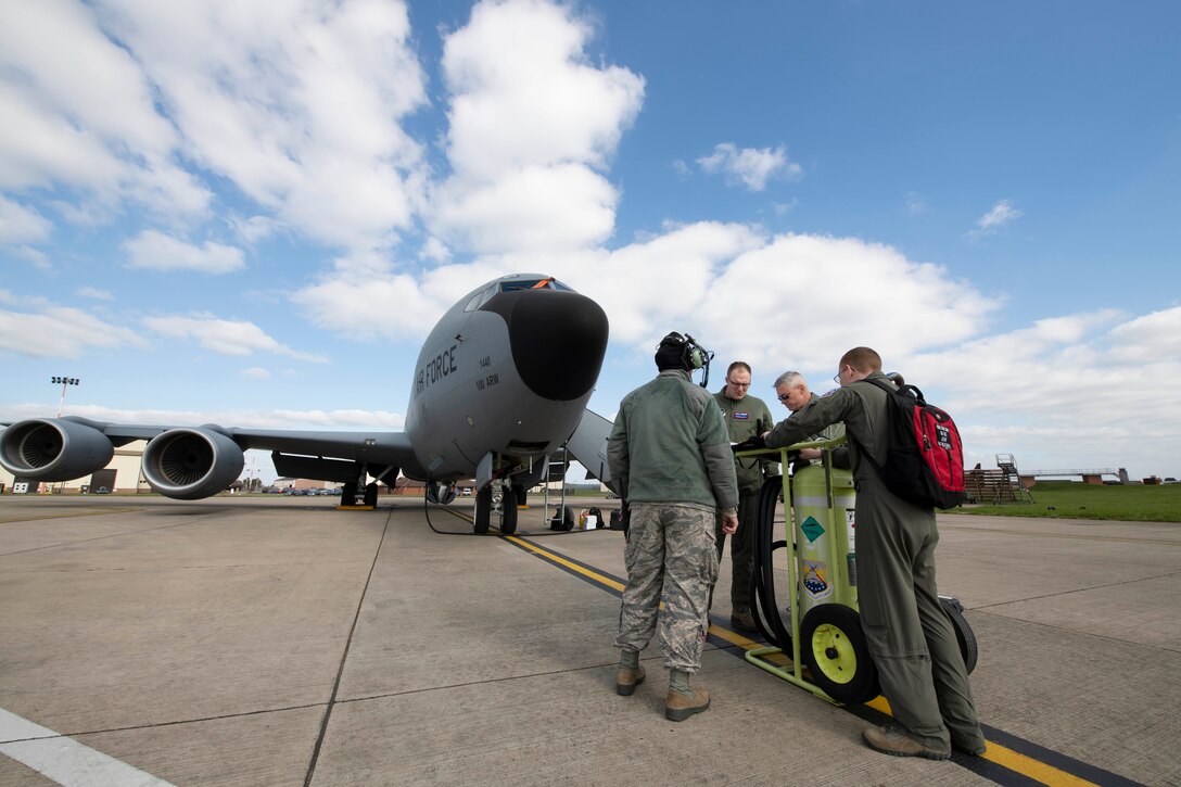 U.S. Air Force Maj. Michael Goodwin, 351st Air Refueling Squadron aircraft commander, gives a preflight brief to aircrew at RAF Mildenhall, England, prior to flying a KC-135 Stratotanker in support of Exercise Frisian Flag, April 10, 2019. The exercise included more than 50 aircraft from six different nations for the purpose of training joint and combined air operations in a broad spectrum of scenarios. (U.S. Air Force photo by Senior Airman Luke Milano)