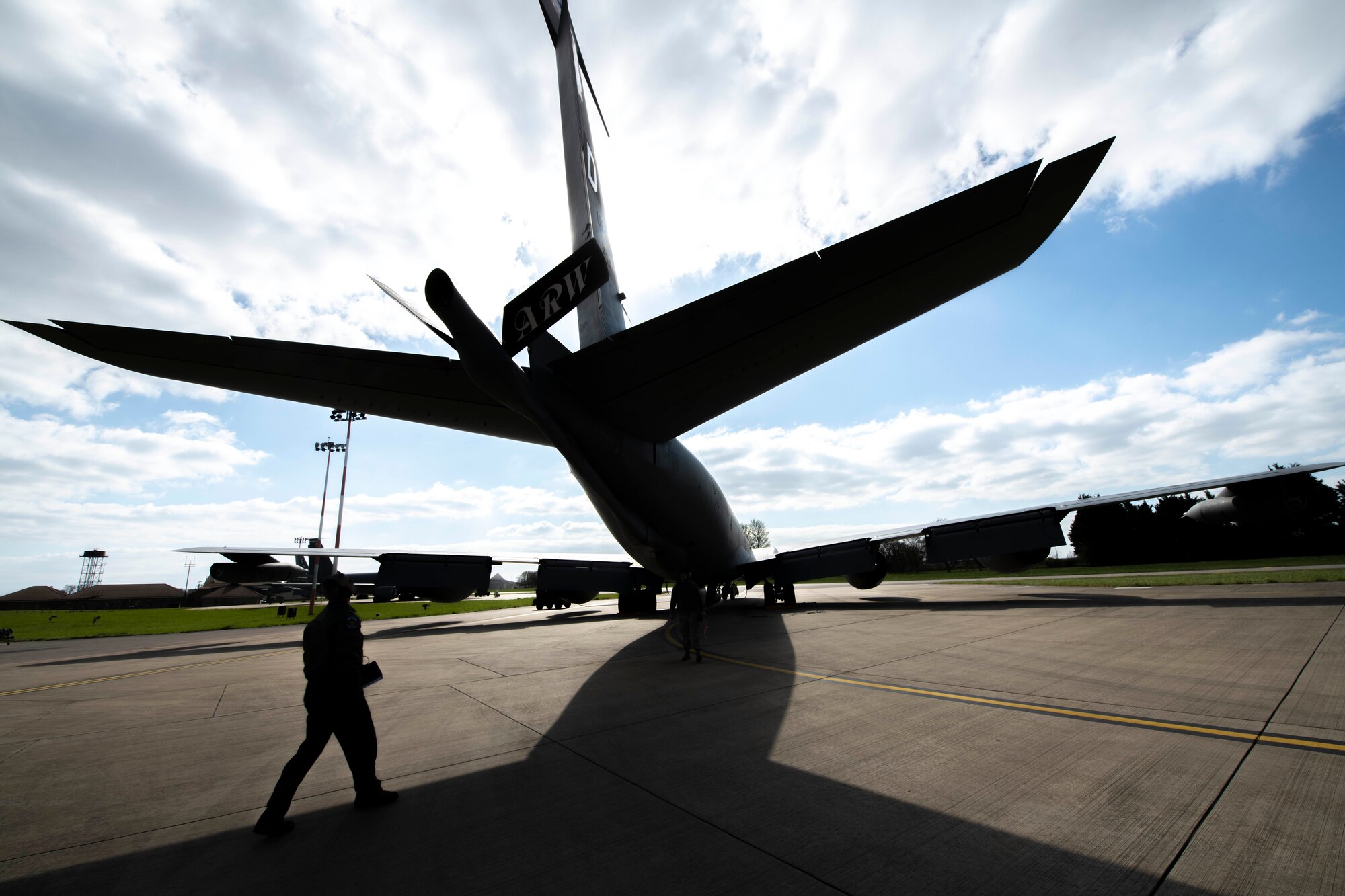 U.S. Air Force Maj. Michael Goodwin, 351 Air Refueling Squadron aircraft commander, inspects a KC-135 Stratotanker at RAF Mildenhall, England, prior to flying a KC-135 Stratotanker in support of Exercise Frisian Flag, April 10, 2019. The exercise included more than 50 aircraft from six different nations for the purpose of training joint and combined air operations in a broad spectrum of scenarios. (U.S. Air Force photo by Senior Airman Luke Milano)