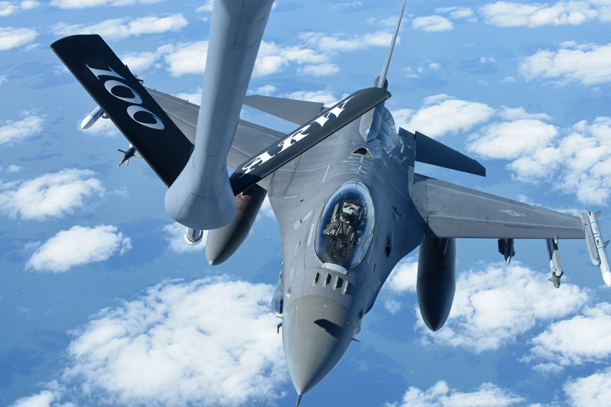 A U.S. Air Force F-16 Fighting Falcon flies behind a U.S. Air Force KC-135 Stratotanker before receiving fuel during Exercise Frisian Flag over the Netherlands, April 10, 2019. The exercise included more than 50 aircraft from six different nations for the purpose of training joint and combined air operations in a broad spectrum of scenarios. (U.S. Air Force photo by Senior Airman Luke Milano)