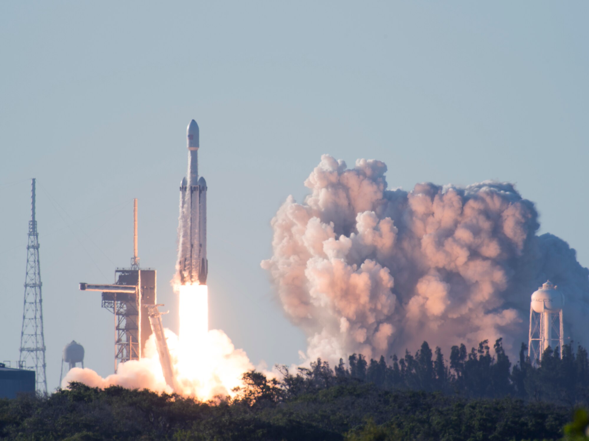 SpaceX's Falcon Heavy Arabsat 6A lifts off from Space Launch Complex 39A on April 12, 2019 at Kennedy Space Center, Fla. This flight marks the second launch of the Falcon Heavy rocket; the most powerful space vehicle flying today. (U.S. Air Force photo by 2nd Lieutenant Alex Preisser)