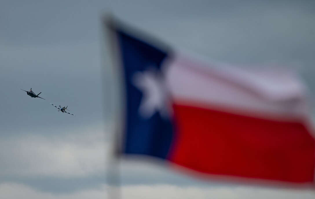 An F-35A Lightning II and P-51 Mustang fly in formation as part of Heritage Flight during the Heart of Texas Airshow April 7, 2019. Heritage Flight formations consist of modern fighter aircraft flying alongside Vietnam and World War II era warbirds showcasing the past, present, and future of Airpower in the United States Air Force. (U.S. Air Force photo by Senior Airman Alexander Cook)