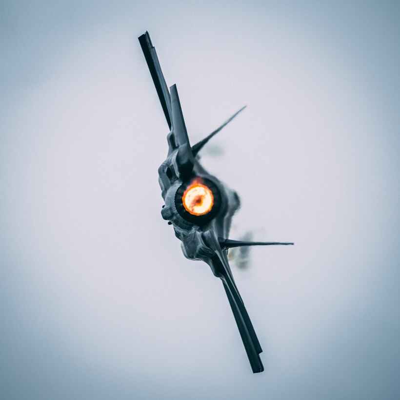 Capt. Andrew “Dojo Olson, F-35 Demonstration Team pilot and commander performs the tactical pitch maneuver in an F-35A Lightning II during the Heart of Texas Airshow April 7, 2019. The F-35 Demo Team performed their second show of the season bringing their new demonstration to central Texas. (U.S. Air Force photo by Senior Airman Alexander Cook)