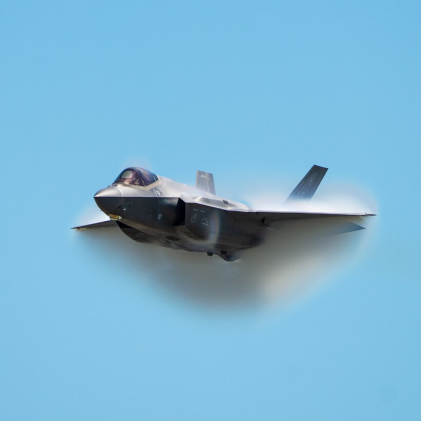 Capt. Andrew “Dojo” Olson, F-35 Demonstration Team pilot and commander performs a high-speed pass during the Melbourne Air and Space Show March 29, 2019 in Melbourne, Fla. The air show featured the North American Debut of the all-new F-35 Demonstration. (U.S. Air Force Photo by Senior Airman Alexander Cook)