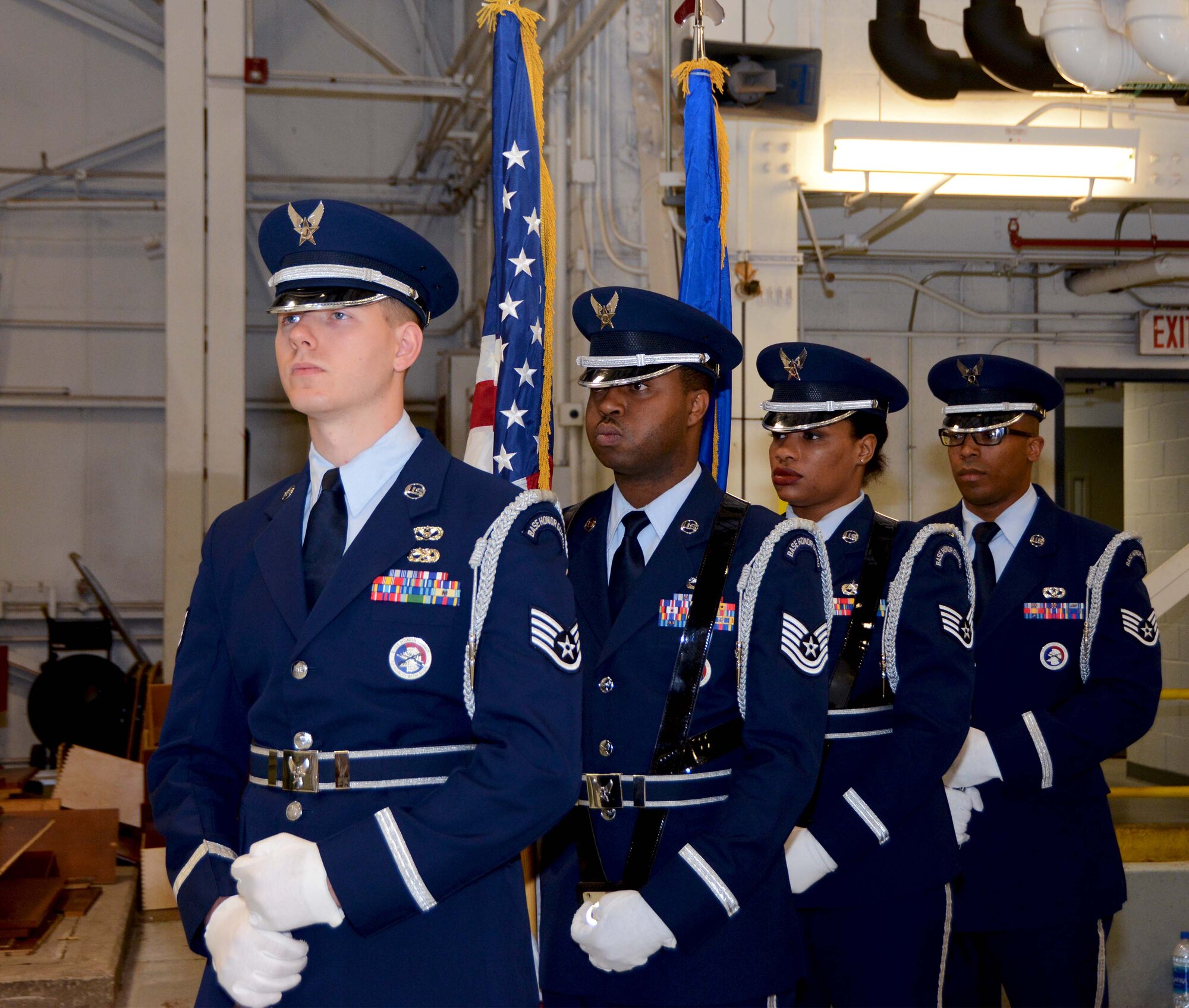 The 72nd Air Base Wing Honor Guard stands ready to present the colors during the 507th Maintenance Group assumption of command ceremony at Tinker Air Force Base, Oklahoma, April 7, 2019. (U.S. Air Force photo by Tech. Sgt. Samantha Mathison)