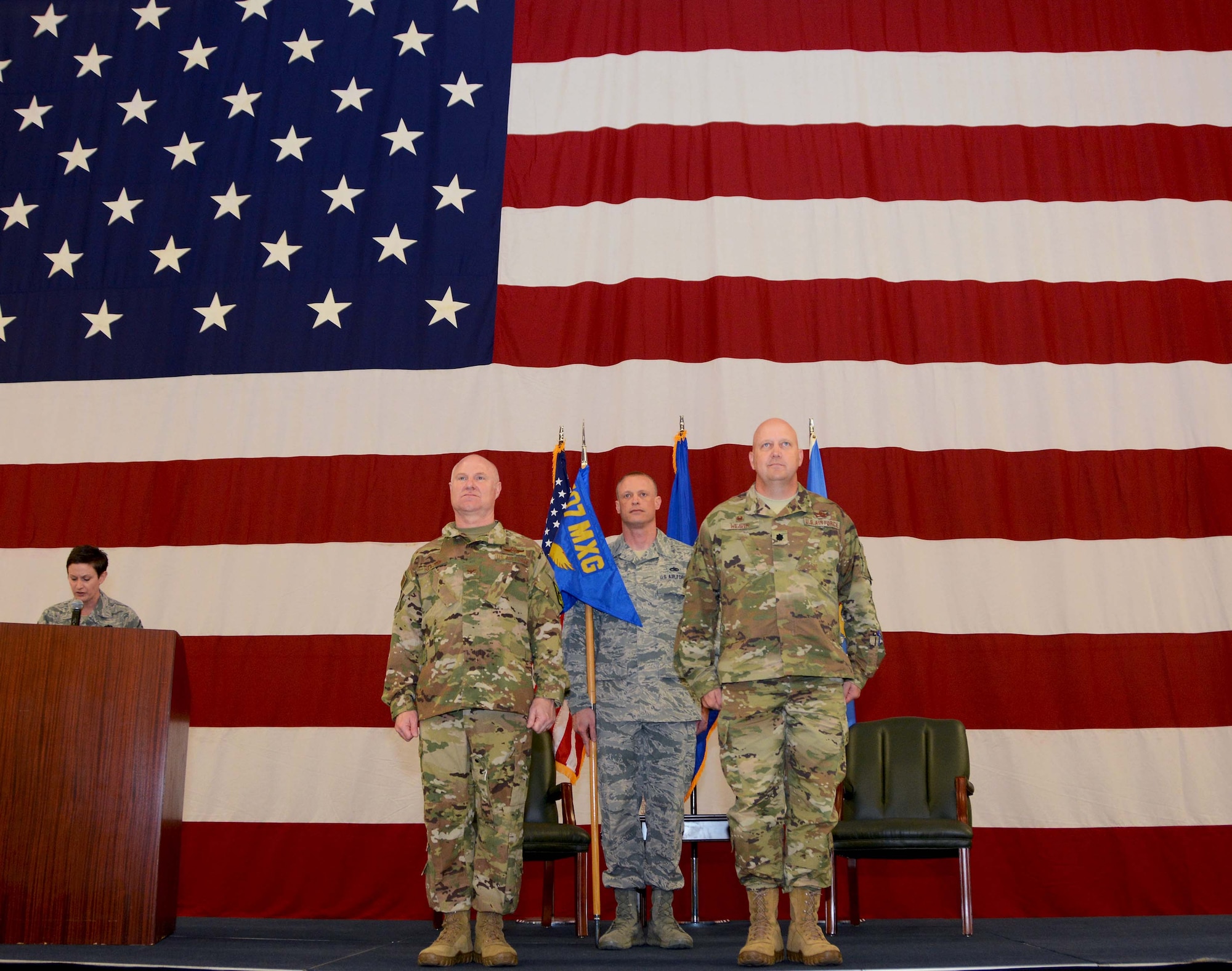 Lt. Col. Karwin Weaver stands ready to assume command of the 507th Maintenance Group from Col. Miles Heaslip, 507th Air Refueling Wing commander, during a ceremony at Tinker Air Force Base, Oklahoma, April 7, 2019. (U.S. Air Force photo by Tech. Sgt. Samantha Mathison)