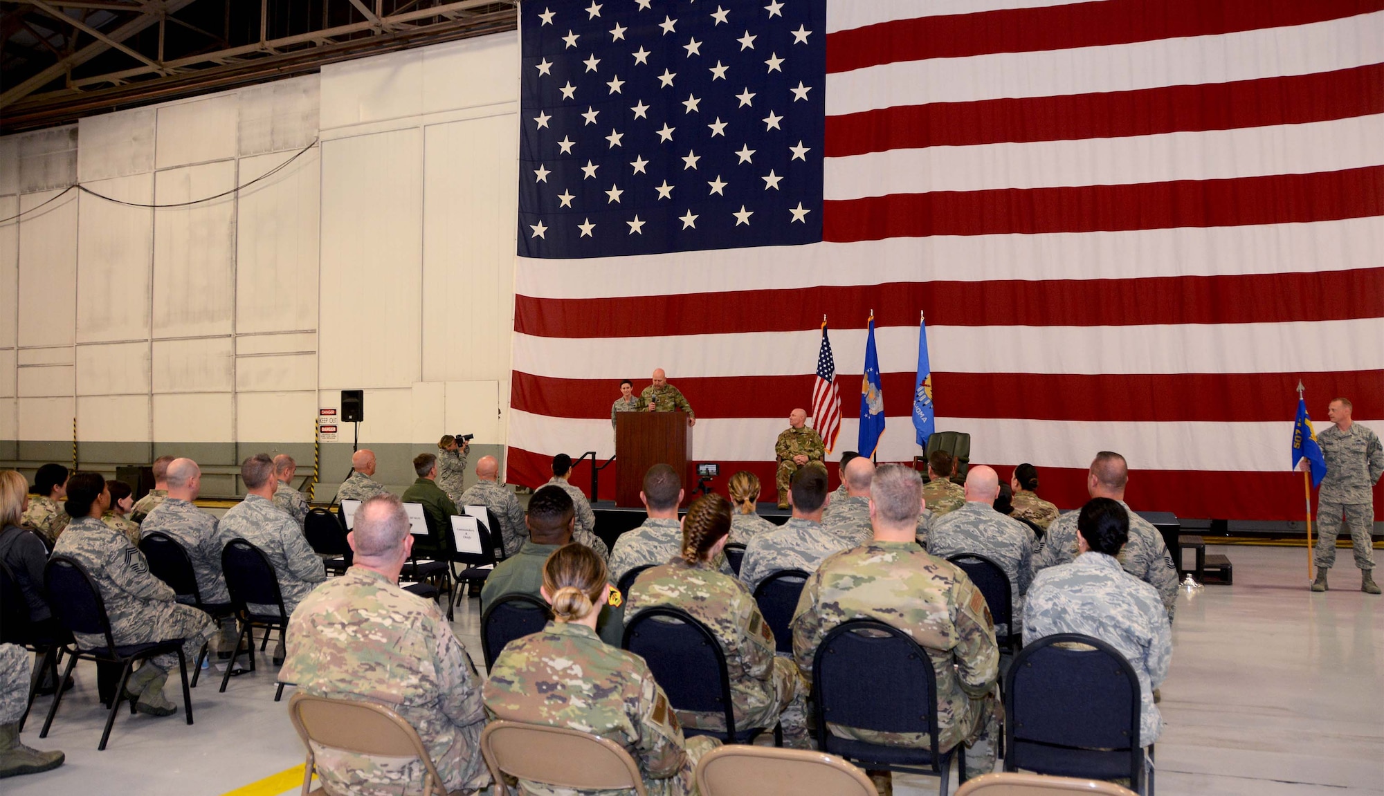Lt. Col. Karwin Weaver, 507th Maintenance Group commander, delivers his assumption of command speech during a ceremony at Tinker Air Force Base, Oklahoma, April 7, 2019. (U.S. Air Force photo by Tech. Sgt. Samantha Mathison)