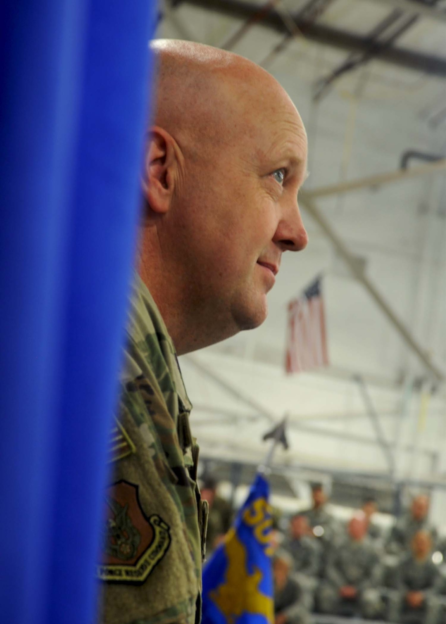 Lt. Col. Karwin Weaver listens as the 507th Air Refueling Wing commander speaks during the 507th Maintenance Group assumption of command ceremony at Tinker Air Force Base, Oklahoma, April 7, 2019. (U.S. Air Force photo by 2nd Lt. Callie McNary)