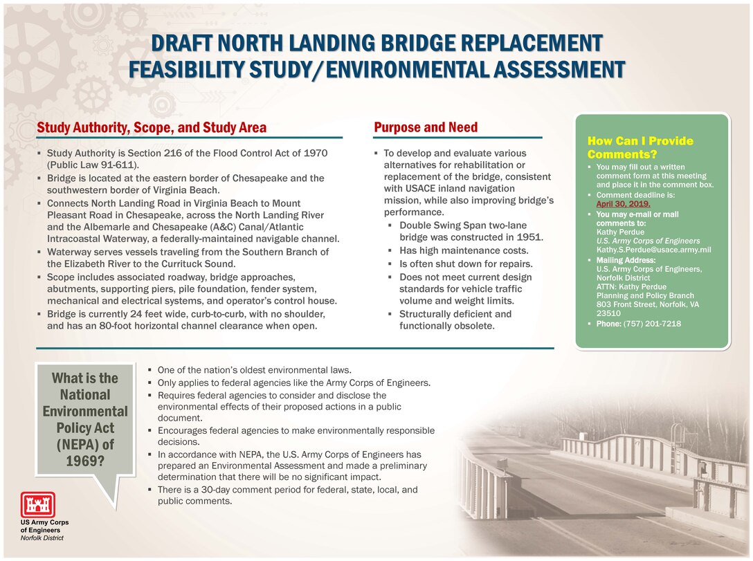 To develop and evaluate various alternatives for rehabilitation or replacement of the bridge, consistent with USACE inland navigation mission, while also improving bridge’s performance.
Double Swing Span two-lane bridge was constructed in 1951.
Has high maintenance costs.
Is often shut down for repairs.
Does not meet current design standards for vehicle traffic volume and weight limits.
Structurally deficient and functionally obsolete.