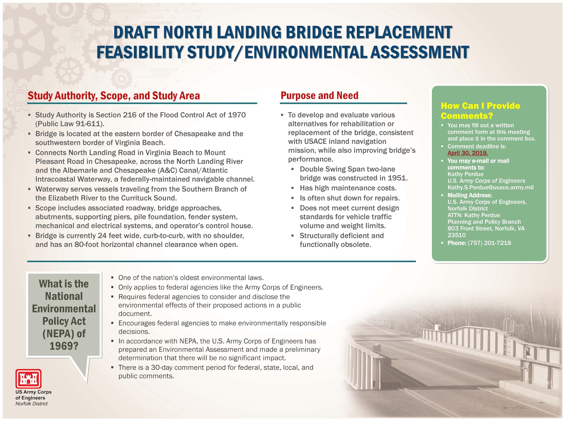 To develop and evaluate various alternatives for rehabilitation or replacement of the bridge, consistent with USACE inland navigation mission, while also improving bridge’s performance.
Double Swing Span two-lane bridge was constructed in 1951.
Has high maintenance costs.
Is often shut down for repairs.
Does not meet current design standards for vehicle traffic volume and weight limits.
Structurally deficient and functionally obsolete.