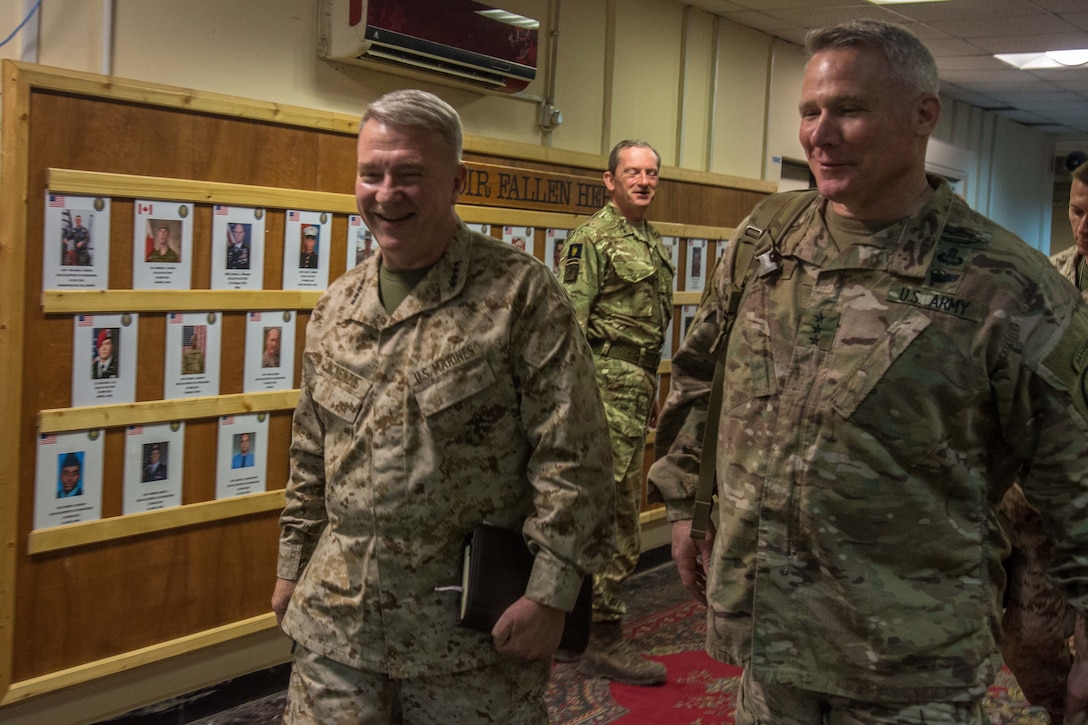 U.S. Marine Corps Gen. Kenneth F. McKenzie Jr., U.S. Central Command commander, left, meets with U.S. Army Lt. Gen. Paul LaCamera, Combined Joint Task Force - Operation Inherent Resolve commander, during a visit to Baghdad, Iraq, April 9, 2019. While touring the USCENTCOM area of responsibility, McKenzie met with forward deployed troops and reaffirmed the U.S. commitment to security and stability of the region.  (U.S Army photo by Pfc. Adrian Pacheco)