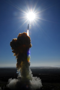 A ground-based interceptor missile launched by the Colorado Army National Guard's 100th Missile Defense Brigade heads skyward to intercept an incoming target missile during a training mission at Vandenberg Air Force Base, Calif., in 2008. Based at Schriever Air Force Base, Colo., the brigade is the only unit of its type in the National Guard and has a detachment at Vandenberg and subordinate units at Fort Greely, Alaska.