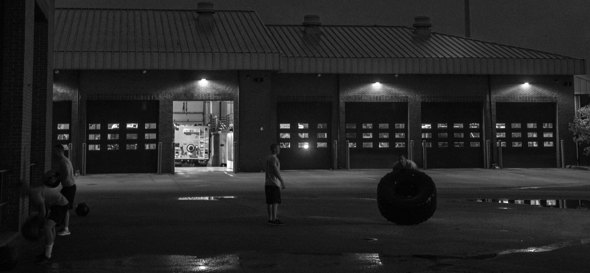 U.S. Airmen assigned to the 20th Civil Engineer Squadron fire department perform morning physical training at Shaw Air Force Base, S.C., April 9, 2019.