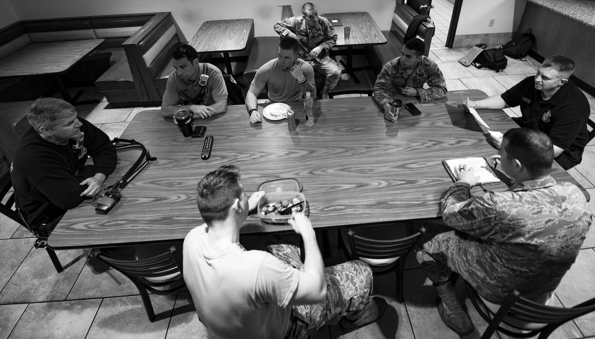 Team Shaw members assigned to the 20th Civil Engineer Squadron fire department gather for a morning meeting at Shaw Air Force Base, S.C., April 9, 2019.