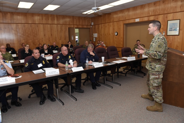 Lt. Col. Cullen Jones, U.S. Army Corps of Engineers Nashville District commander, welcomes first responders from across the region to J. Percy Priest Dam in Nashville, Tenn., to work through a simulated security scenario April 5, 2019. (USACE photo by Lee Roberts)