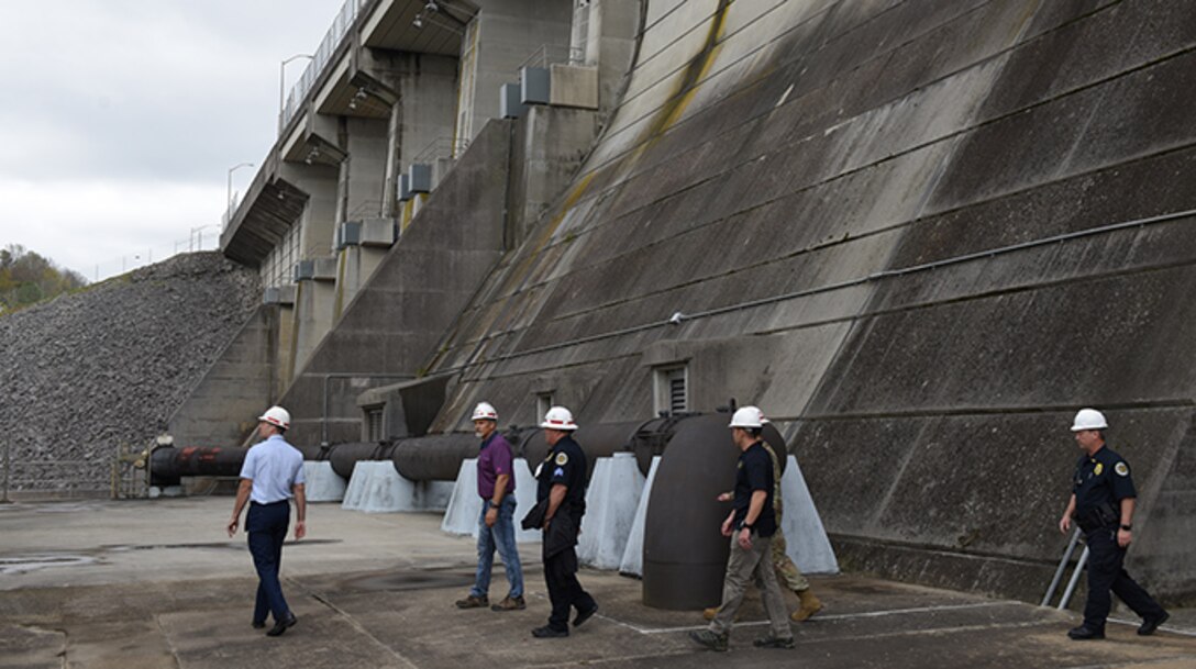 Regional first responders tour J. Percy Priest Dam in Nashville, Tenn., April 5, 2019 during First Responders Day, an event where regional first responders work through a dam security scenario to communicate and facilitate awareness. (USACE photo by Lee Roberts)