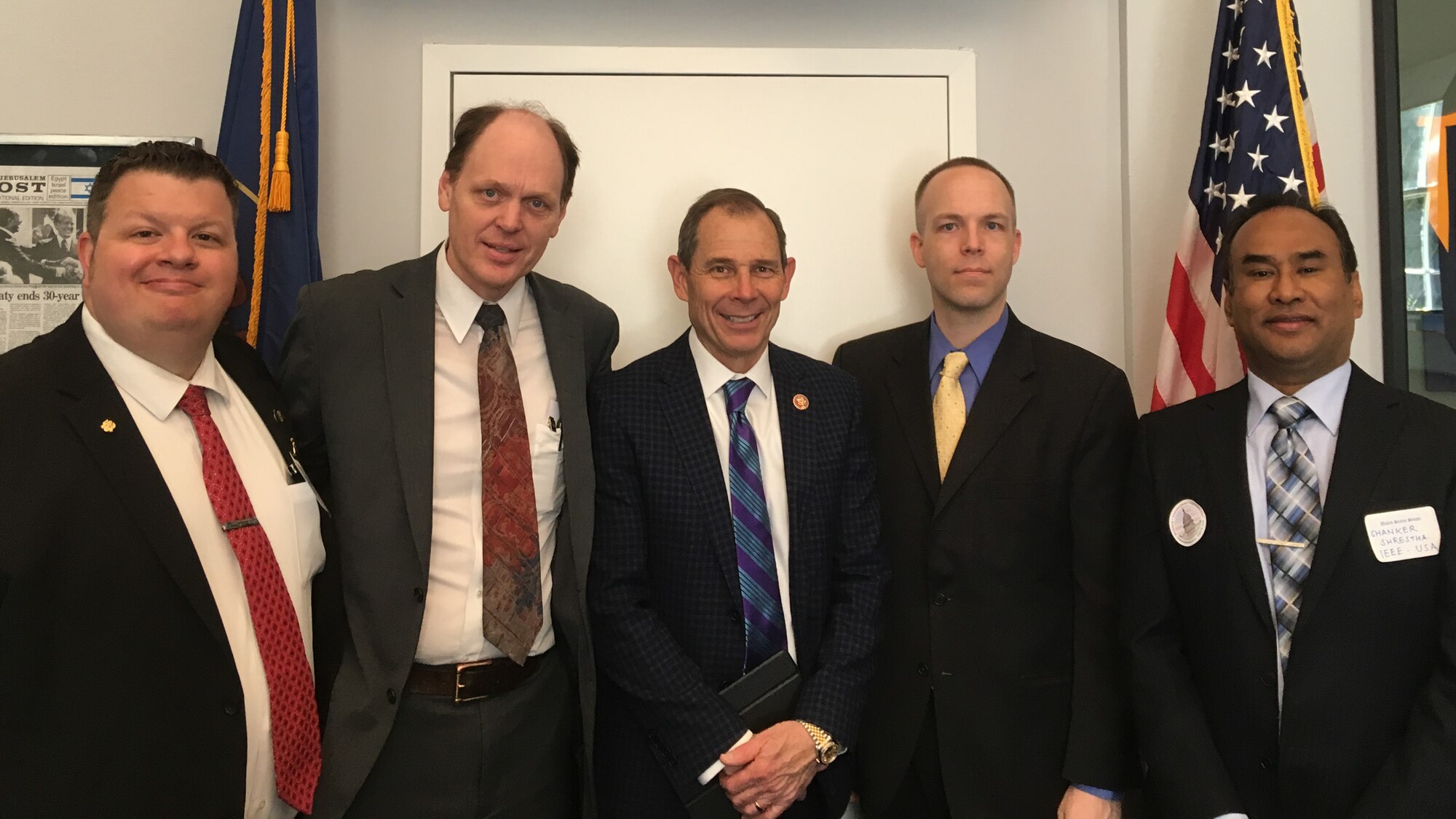 Forrest Brown (second from left), and other members of the Institute of Electrical and Electronics Engineers professional organization, met with Utah’s U.S. Rep. John Curtis (center) in Washington D.C. April 3, 2019. The group discussed issues important to the economy and ways for the nation to stay ahead of world competition. (Courtesy photo)