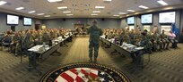 Maj. Gen. William "Bill" Hall, commander, Joint Task Force Civil Support (JTF-CS), briefs the Defense Chemical, Biological, Radiological and Nuclear (CBRN) Response Force (DCRF) during the 2019 Mission Planning Conference (MPC) at the JTF-CS headquarters at Fort Eustis, Va. The main focus of the conference was to prepare for an upcoming major disaster-response training exercise and the DCRF mission. The attendees represented JTF-CS and units comprising four task forces including operations, medical, logistics and aviation, and other organizations preparing for Exercise Vibrant Response-Guardian Response 2019 which will be held in locations in Michigan, Indiana and some support in Texas, April 29-May 6. (Official DoD photo by Mass Communication Specialist 3rd Class Michael Redd/released)