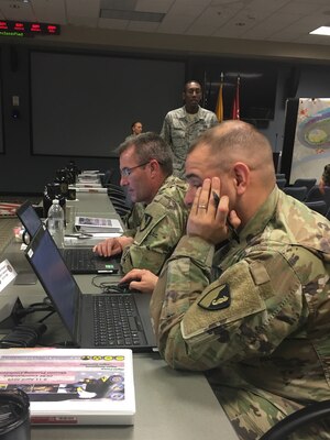 Members of Task Force Operations collaborate during a break-out session at a mission planning conference hosted at Joint Task Force Civil Support (JTF-CS) headquarters at Fort Eustis, Va. April 9-11. The main focus of the conference was to prepare for an upcoming major disaster-response training exercise and the Defense Chemical, Biological, Radiological and Nuclear Response Force (DCRF) mission. The attendees represented JTF-CS and units comprising four task forces including operations, medical, logistics and aviation, and other organizations preparing for Exercise Vibrant Response-Guardian Response 2019 which will be held in locations in Michigan, Indiana and some support in Texas, April 29-May 6. (Official DoD photo by Army 1LT Lindsey Riordan/released)