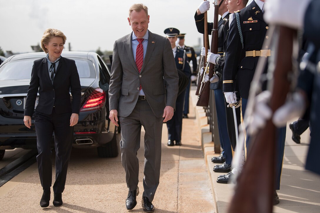 Acting Secretary of Defense Patrick M. Shanahan hosts German Defense Minister Ursula von der Leyen, at the Pentagon
