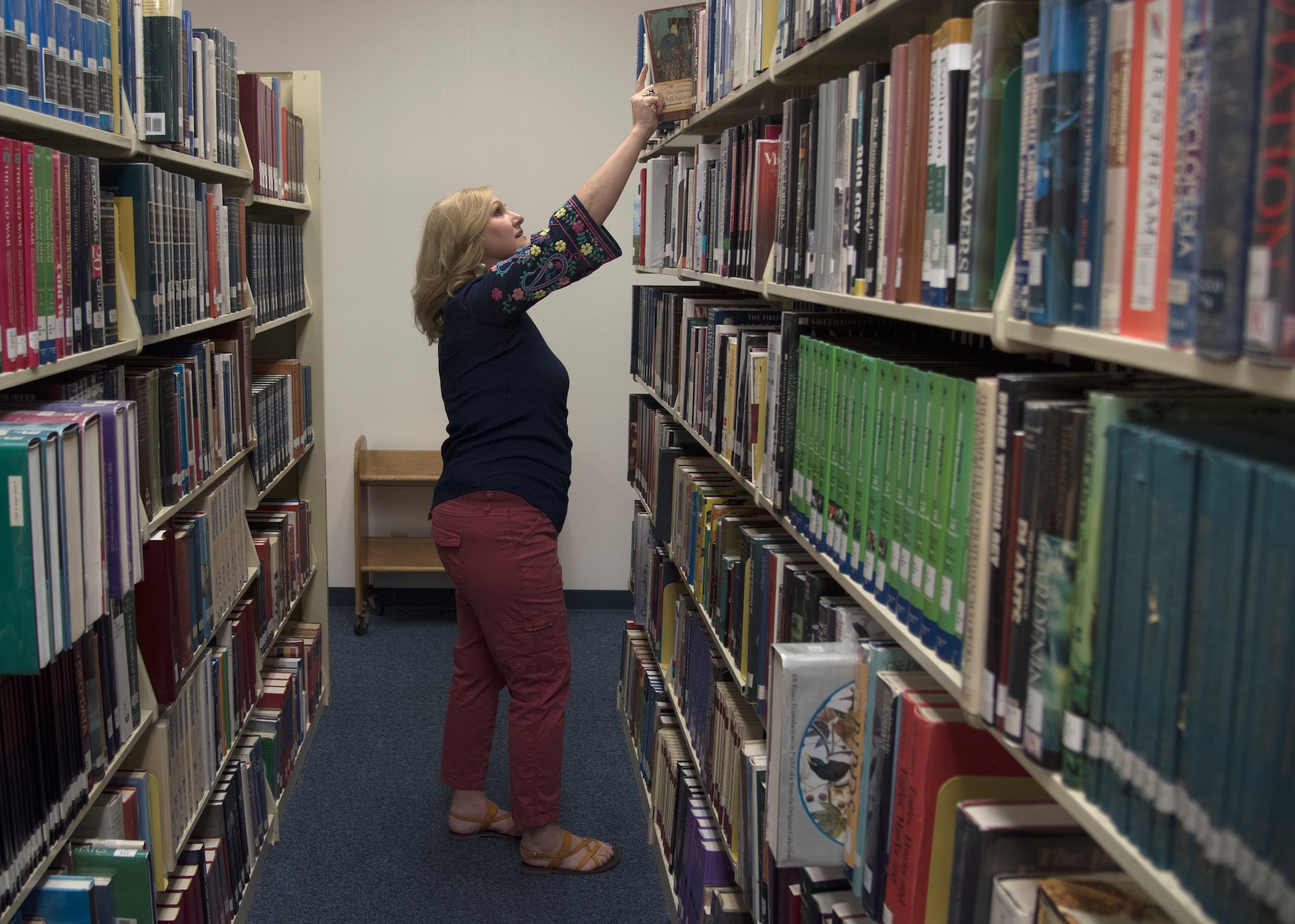 Jennifer Crowell, 56th Force Support Squadron library director, shelves a book April 8, 2019, at Luke Air Force Base, Ariz.