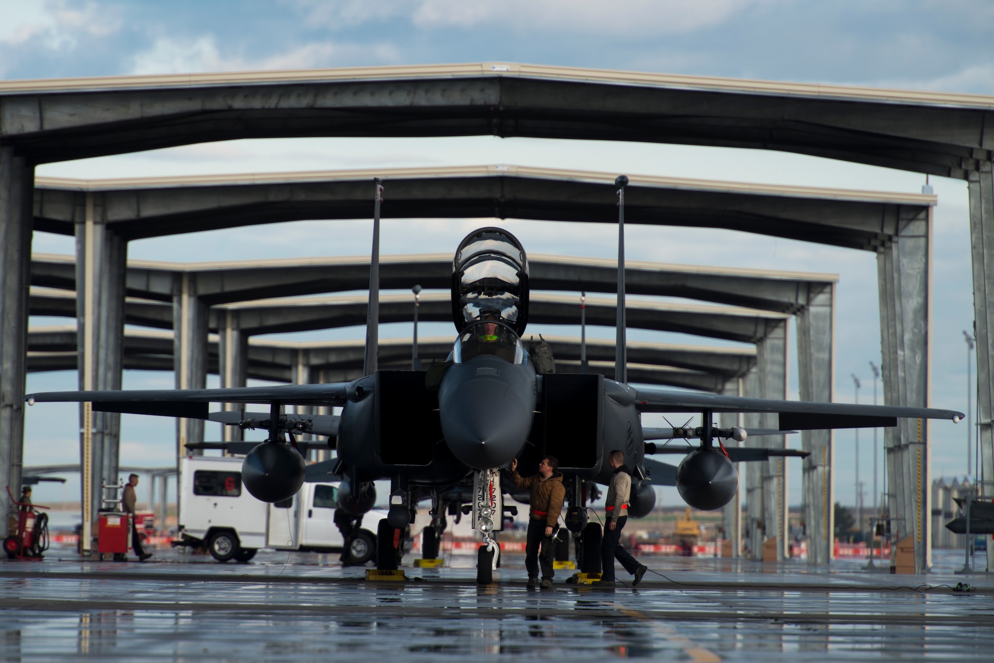An F-15E Strike Eagle undergoes a pre-flight inspection during Gunfighter Flag, April 5, 2019 at Mountain Home Air Force Base, Idaho. The exercise Gunfighter Flag is held once a quarter to hone skills of 366th Fighter Wing Airmen. (U.S. Air Force photo by Airman 1st Class JaNae Capuno)
