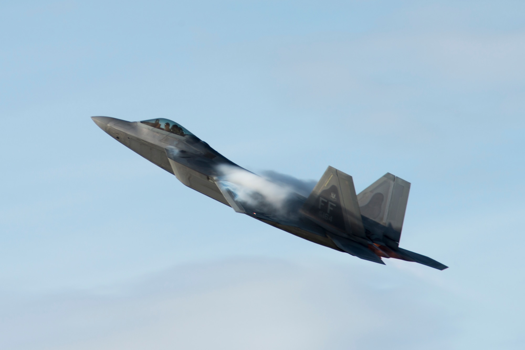 A 1st Fighter Wing F-22 Raptor stationed out of Joint Base Langley Eustis, Virginia, takes off during Gunfighter Flag, April 5, 2019 at Mountain Home Air Force Base, Idaho. The exercise Gunfighter Flag is held once a quarter to hone skills of 366th Fighter Wing Airmen. (U.S. Air Force photo by Staff Sgt. Tyler Bowers)