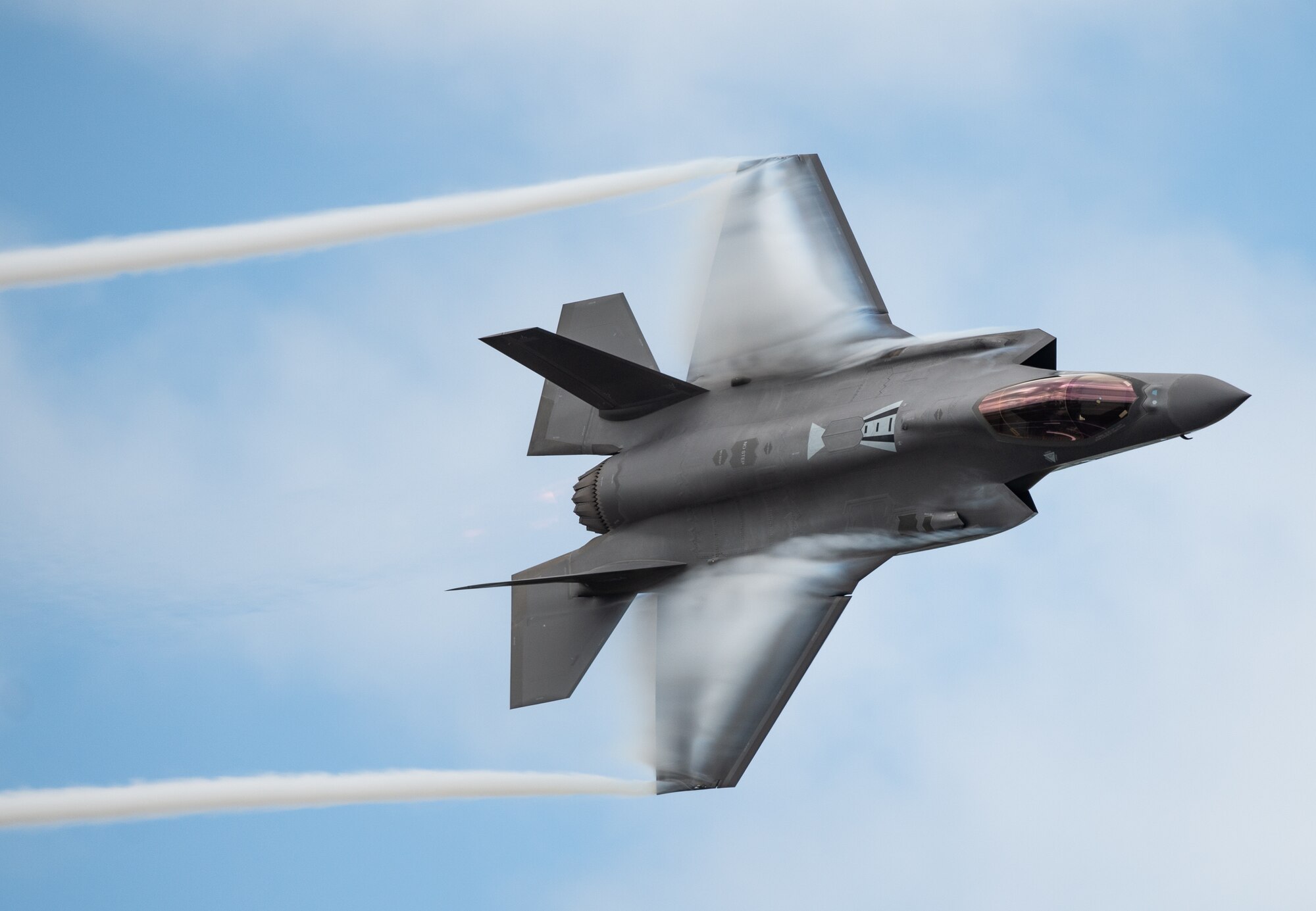 U.S. Air Force Capt. Andrew “Dojo” Olson, F-35 Demonstration Team pilot and commander, performs a dedication pass during the Melbourne Air and Space Show in Melbourne, Fla., March 30, 2019. During the two-day event, more than 50,000 guests attended the Melbourne Air and Space Show. (U.S. Air Force photo by Senior Airman Alexander Cook)